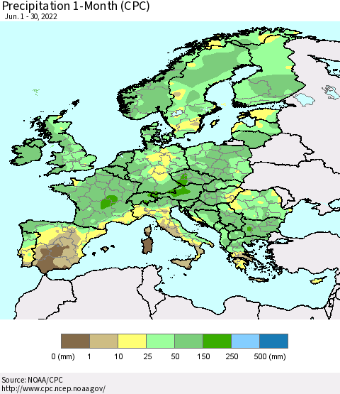 Europe Precipitation 1-Month (CPC) Thematic Map For 6/1/2022 - 6/30/2022