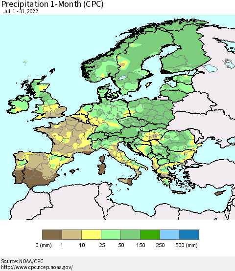 Europe Precipitation 1-Month (CPC) Thematic Map For 7/1/2022 - 7/31/2022