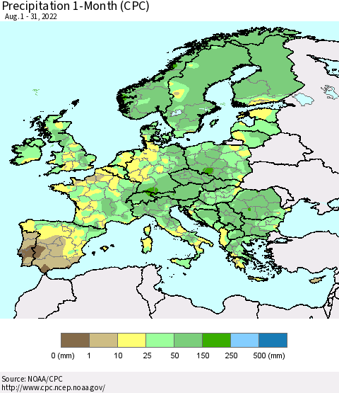Europe Precipitation 1-Month (CPC) Thematic Map For 8/1/2022 - 8/31/2022