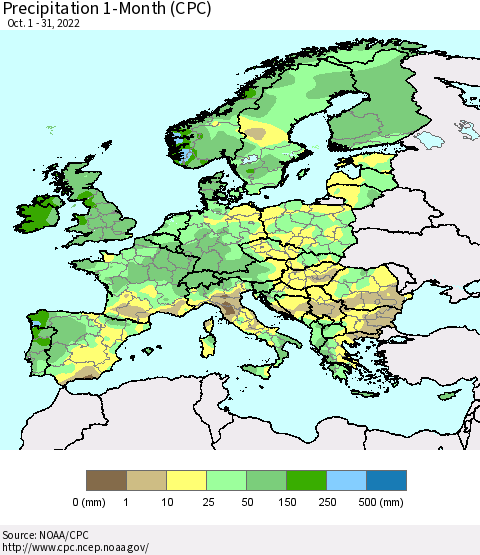 Europe Precipitation 1-Month (CPC) Thematic Map For 10/1/2022 - 10/31/2022