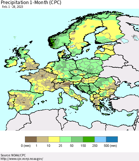 Europe Precipitation 1-Month (CPC) Thematic Map For 2/1/2023 - 2/28/2023