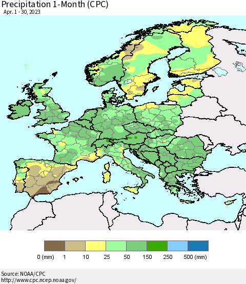 Europe Precipitation 1-Month (CPC) Thematic Map For 4/1/2023 - 4/30/2023