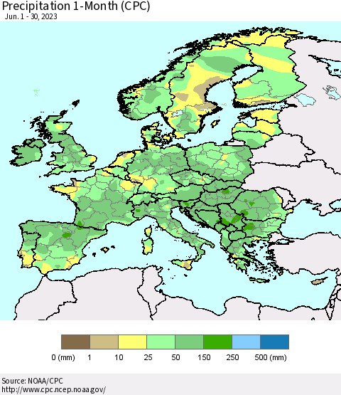 Europe Precipitation 1-Month (CPC) Thematic Map For 6/1/2023 - 6/30/2023