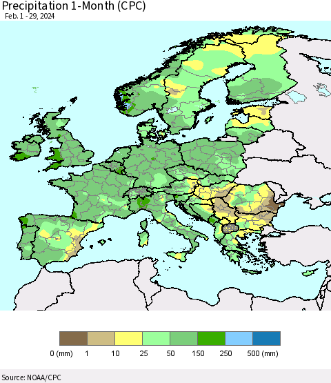 Europe Precipitation 1-Month (CPC) Thematic Map For 2/1/2024 - 2/29/2024