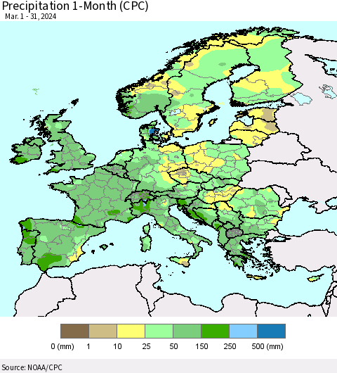 Europe Precipitation 1-Month (CPC) Thematic Map For 3/1/2024 - 3/31/2024