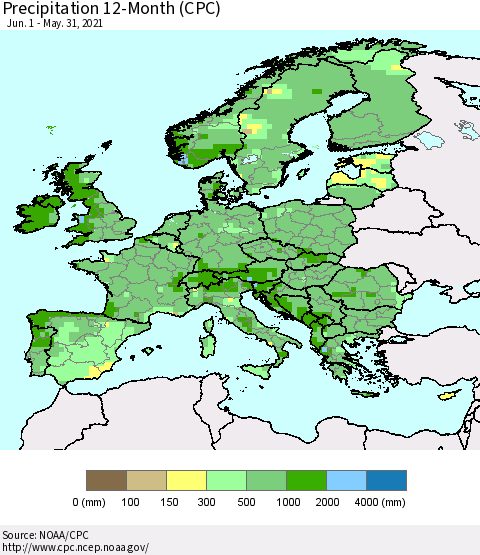 Europe Precipitation 12-Month (CPC) Thematic Map For 6/1/2020 - 5/31/2021