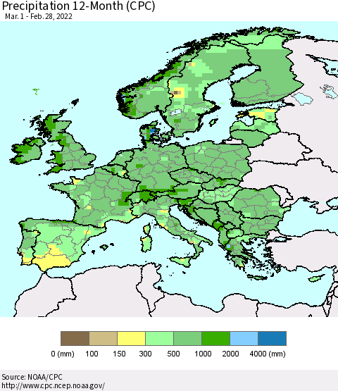 Europe Precipitation 12-Month (CPC) Thematic Map For 3/1/2021 - 2/28/2022