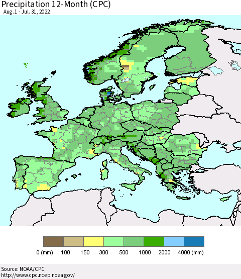 Europe Precipitation 12-Month (CPC) Thematic Map For 8/1/2021 - 7/31/2022