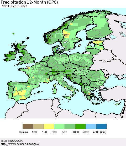 Europe Precipitation 12-Month (CPC) Thematic Map For 11/1/2021 - 10/31/2022