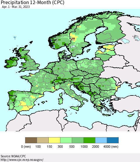 Europe Precipitation 12-Month (CPC) Thematic Map For 4/1/2022 - 3/31/2023