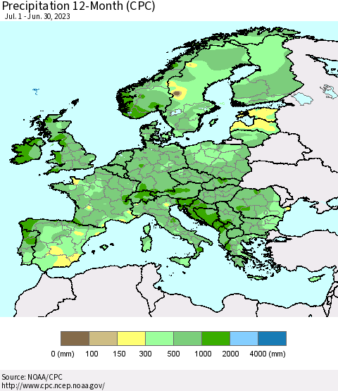Europe Precipitation 12-Month (CPC) Thematic Map For 7/1/2022 - 6/30/2023