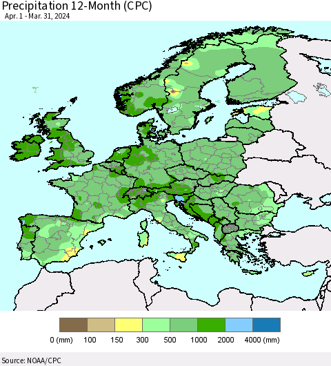 Europe Precipitation 12-Month (CPC) Thematic Map For 4/1/2023 - 3/31/2024