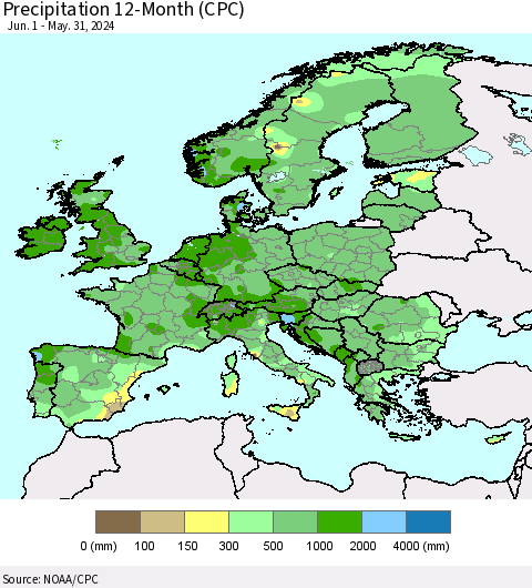 Europe Precipitation 12-Month (CPC) Thematic Map For 6/1/2023 - 5/31/2024
