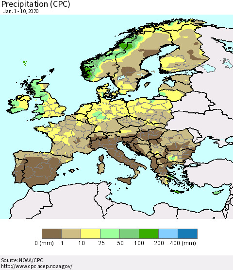 Europe Precipitation (CPC) Thematic Map For 1/1/2020 - 1/10/2020