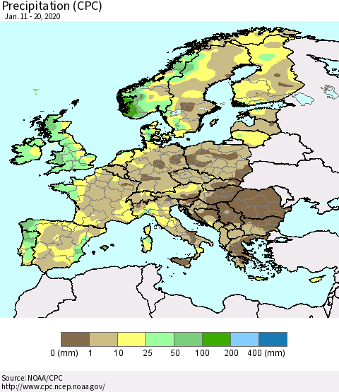 Europe Precipitation (CPC) Thematic Map For 1/11/2020 - 1/20/2020