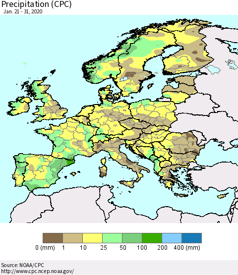 Europe Precipitation (CPC) Thematic Map For 1/21/2020 - 1/31/2020