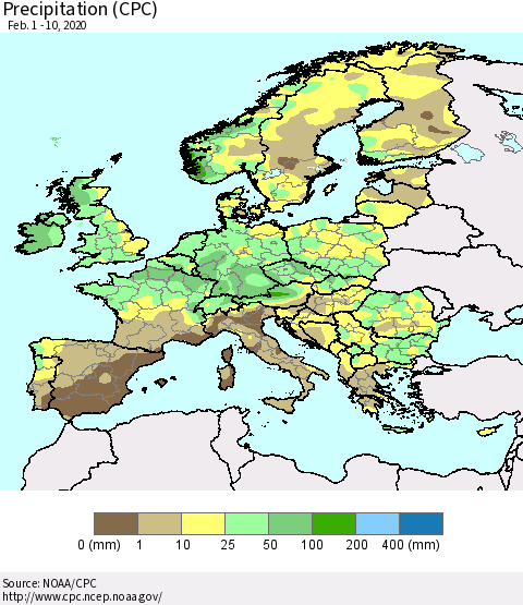Europe Precipitation (CPC) Thematic Map For 2/1/2020 - 2/10/2020