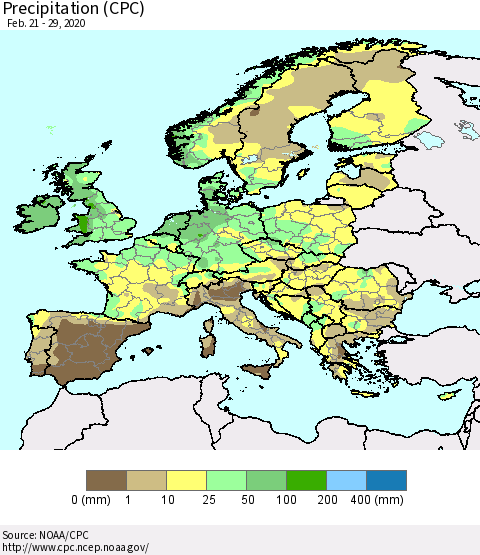 Europe Precipitation (CPC) Thematic Map For 2/21/2020 - 2/29/2020