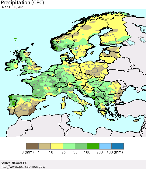Europe Precipitation (CPC) Thematic Map For 3/1/2020 - 3/10/2020