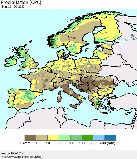 Europe Precipitation (CPC) Thematic Map For 3/11/2020 - 3/20/2020