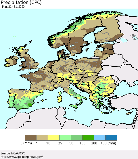 Europe Precipitation (CPC) Thematic Map For 3/21/2020 - 3/31/2020