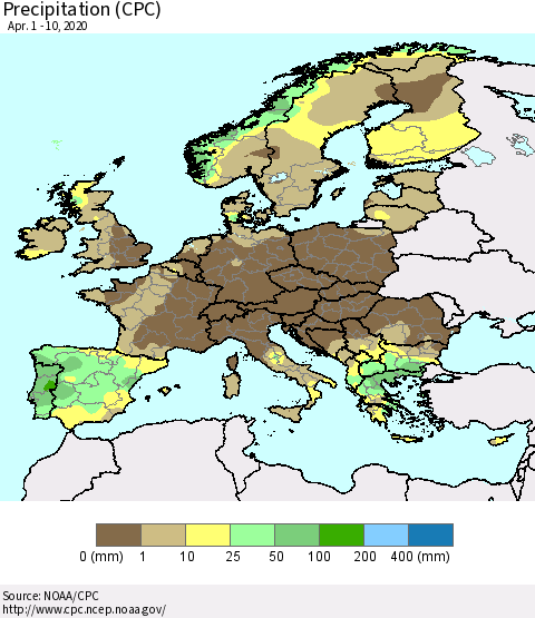 Europe Precipitation (CPC) Thematic Map For 4/1/2020 - 4/10/2020