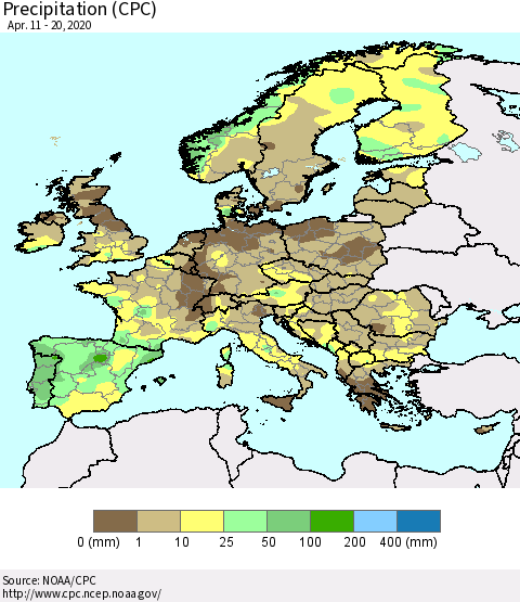 Europe Precipitation (CPC) Thematic Map For 4/11/2020 - 4/20/2020