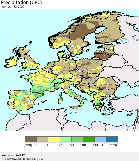 Europe Precipitation (CPC) Thematic Map For 4/21/2020 - 4/30/2020