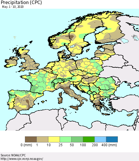Europe Precipitation (CPC) Thematic Map For 5/1/2020 - 5/10/2020