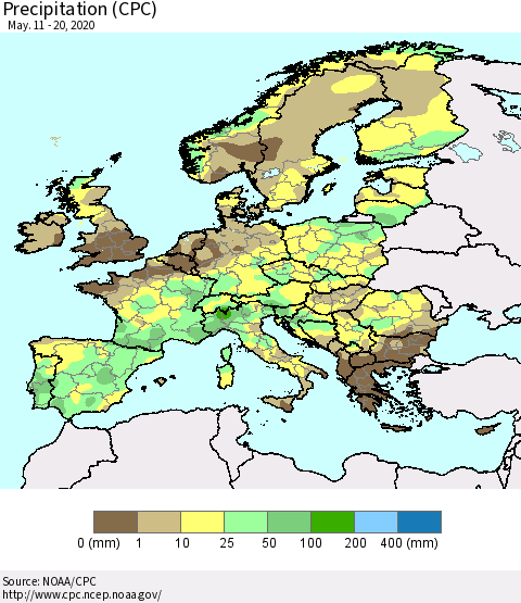 Europe Precipitation (CPC) Thematic Map For 5/11/2020 - 5/20/2020