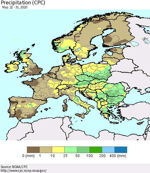 Europe Precipitation (CPC) Thematic Map For 5/21/2020 - 5/31/2020