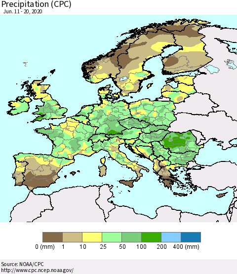 Europe Precipitation (CPC) Thematic Map For 6/11/2020 - 6/20/2020