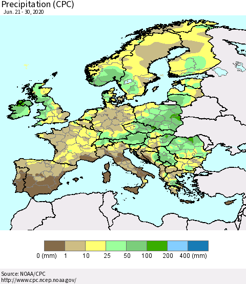 Europe Precipitation (CPC) Thematic Map For 6/21/2020 - 6/30/2020