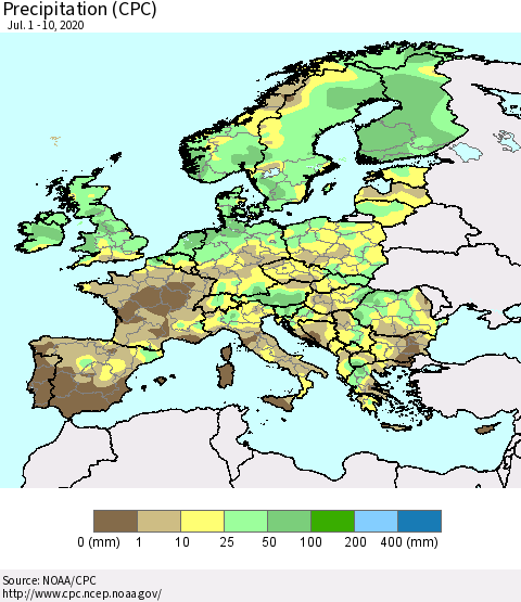 Europe Precipitation (CPC) Thematic Map For 7/1/2020 - 7/10/2020