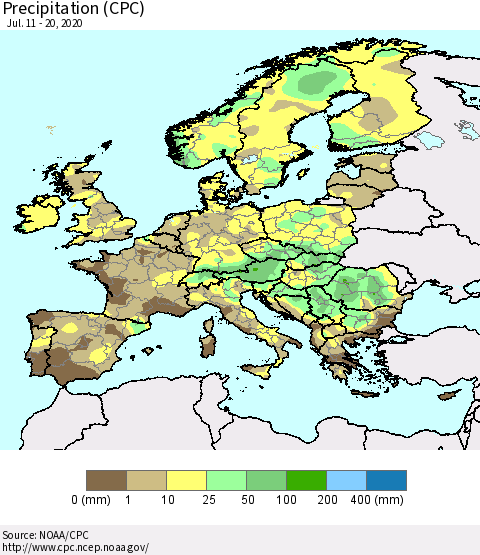 Europe Precipitation (CPC) Thematic Map For 7/11/2020 - 7/20/2020