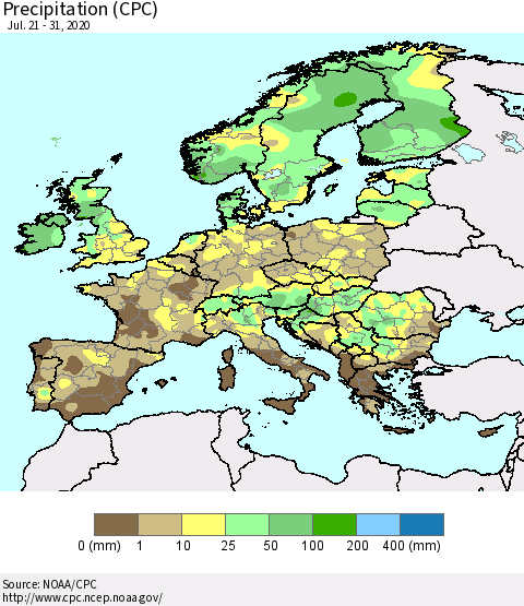 Europe Precipitation (CPC) Thematic Map For 7/21/2020 - 7/31/2020