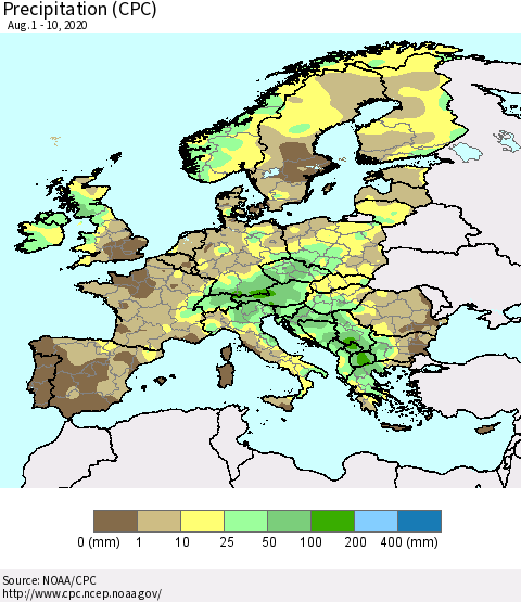 Europe Precipitation (CPC) Thematic Map For 8/1/2020 - 8/10/2020