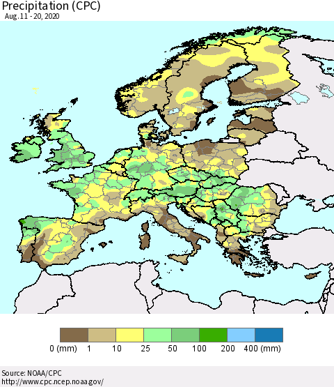 Europe Precipitation (CPC) Thematic Map For 8/11/2020 - 8/20/2020