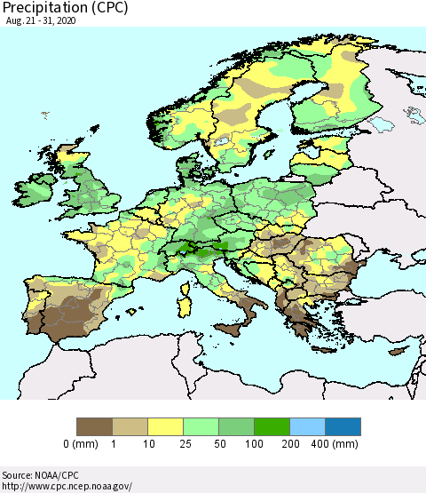 Europe Precipitation (CPC) Thematic Map For 8/21/2020 - 8/31/2020