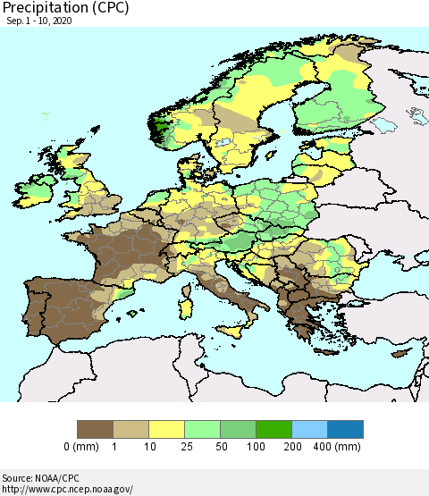 Europe Precipitation (CPC) Thematic Map For 9/1/2020 - 9/10/2020