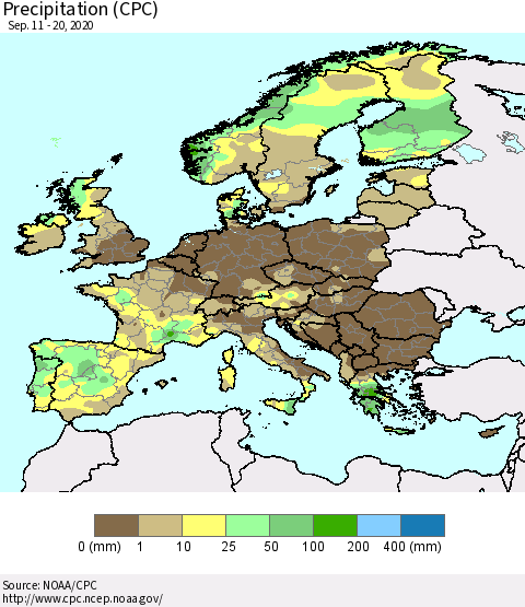 Europe Precipitation (CPC) Thematic Map For 9/11/2020 - 9/20/2020