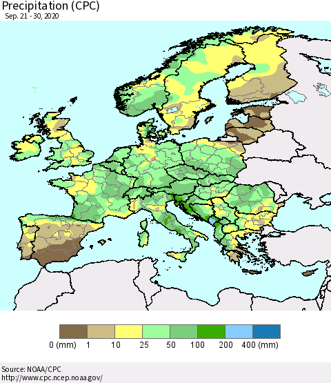 Europe Precipitation (CPC) Thematic Map For 9/21/2020 - 9/30/2020