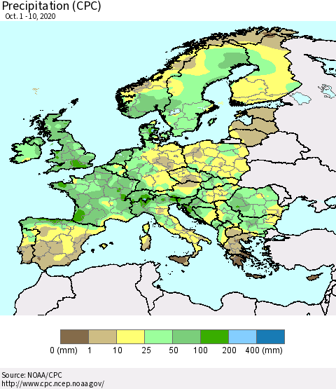 Europe Precipitation (CPC) Thematic Map For 10/1/2020 - 10/10/2020
