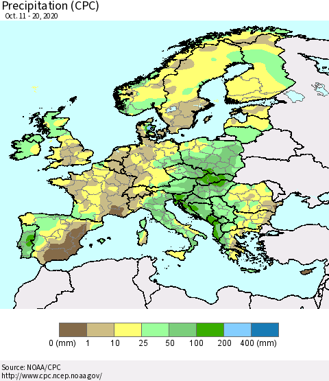 Europe Precipitation (CPC) Thematic Map For 10/11/2020 - 10/20/2020