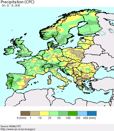 Europe Precipitation (CPC) Thematic Map For 10/21/2020 - 10/31/2020