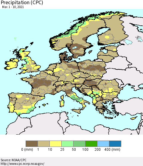 Europe Precipitation (CPC) Thematic Map For 3/1/2021 - 3/10/2021