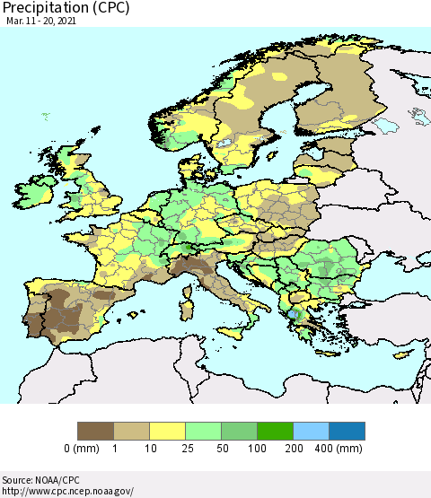 Europe Precipitation (CPC) Thematic Map For 3/11/2021 - 3/20/2021