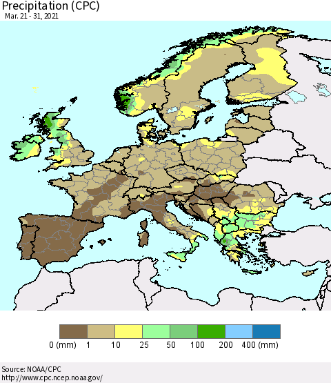Europe Precipitation (CPC) Thematic Map For 3/21/2021 - 3/31/2021