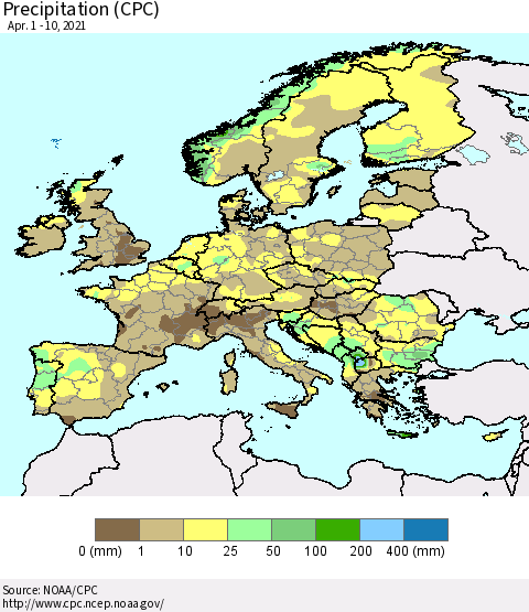 Europe Precipitation (CPC) Thematic Map For 4/1/2021 - 4/10/2021