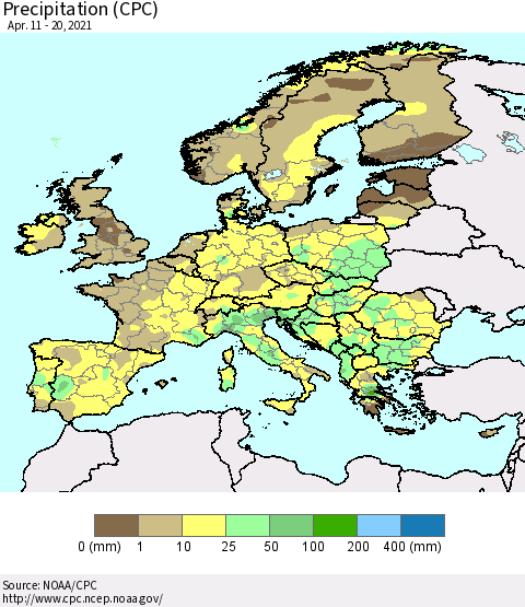 Europe Precipitation (CPC) Thematic Map For 4/11/2021 - 4/20/2021